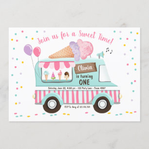 Camion à glace Invitation Anniversaire Fille rose