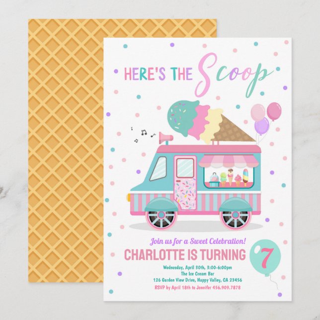 Camion Crème de glace Anniversaire Fête Invitation (Devant / Derrière)