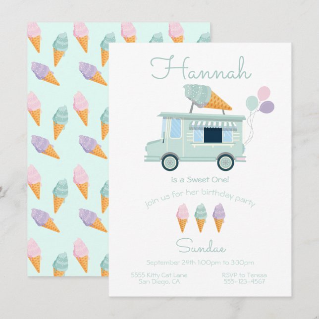 Camion Crème de glace Invitation fête d'anniversai (Devant / Derrière)
