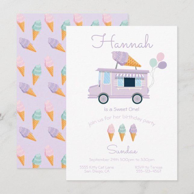 Camion Crème de glace Invitation fête d'anniversai (Devant / Derrière)