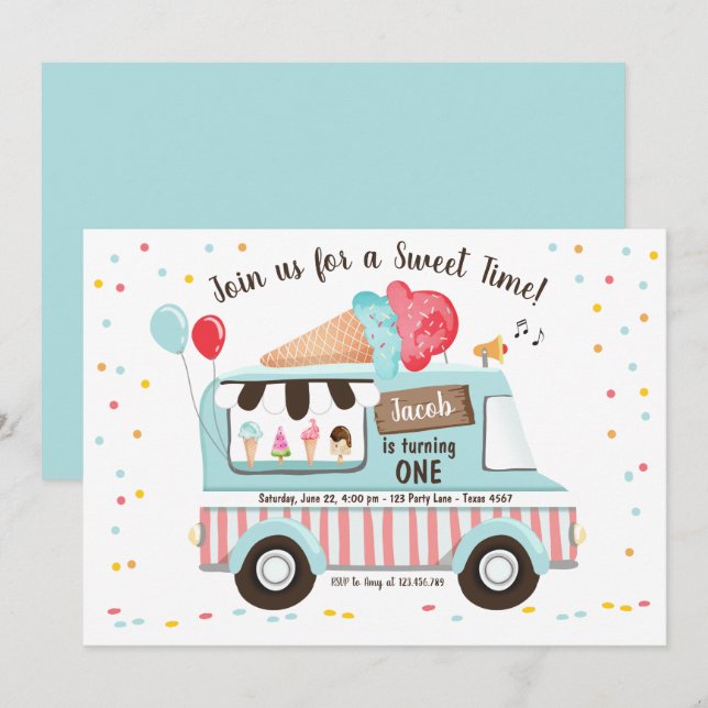Camion Crème Glace Premier Anniversaire Invitation (Devant / Derrière)