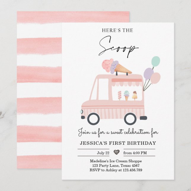 Camion crème glacée 1er anniversaire Invitation ro (Devant / Derrière)