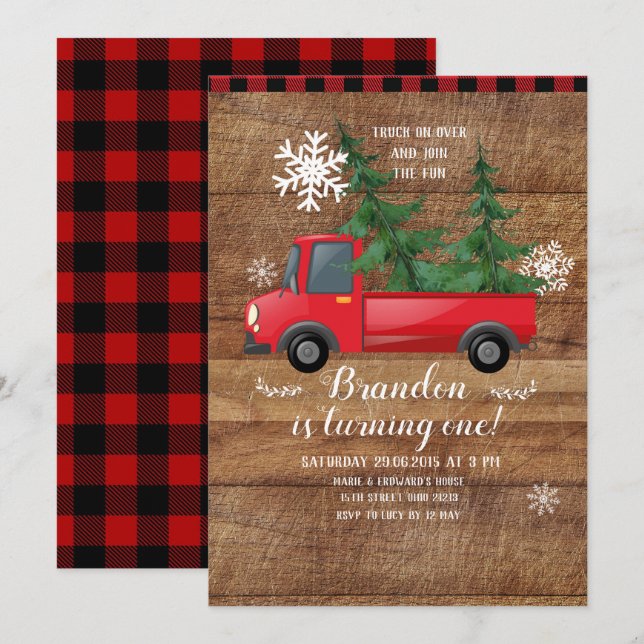 Camion de Noël Bois Rouge Plaid Invitation d'anniv (Devant / Derrière)