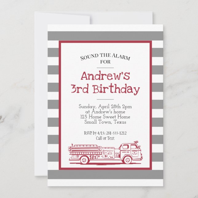 Camion d'incendie rouge et gris Invitation d'anniv (Devant)