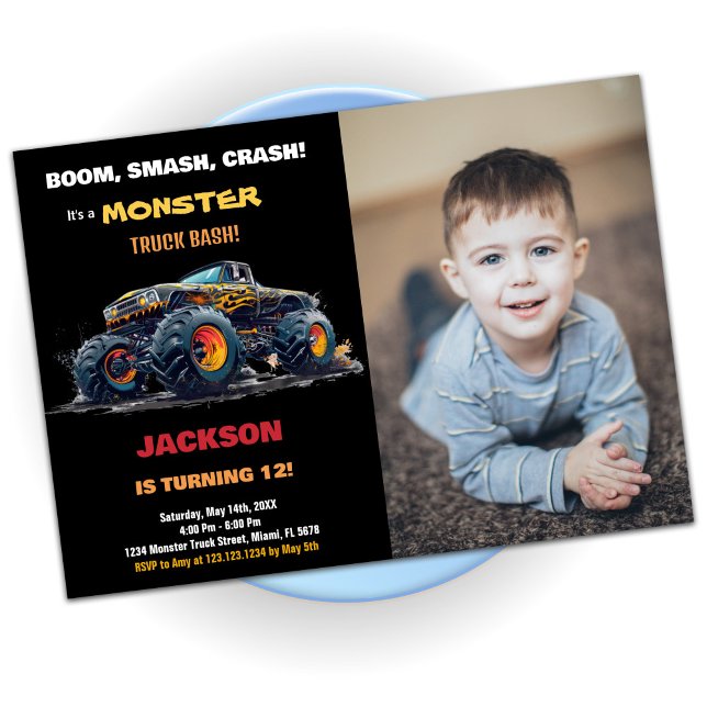 Camion Monster Jaune Invitations Anniversaire Phot (Yellow Monster Truck Birthday Invitations Photo)