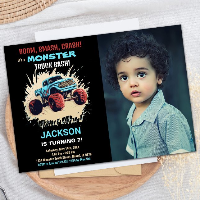 Camion Monster noir Invitations Anniversaire avec  (Black Monster Truck Birthday Invitations w Photo)