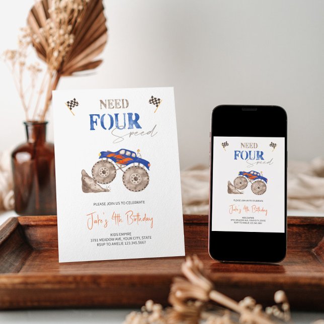 Camion Monstre Bleu Fiery 4e Invitation (Créateur téléchargé)