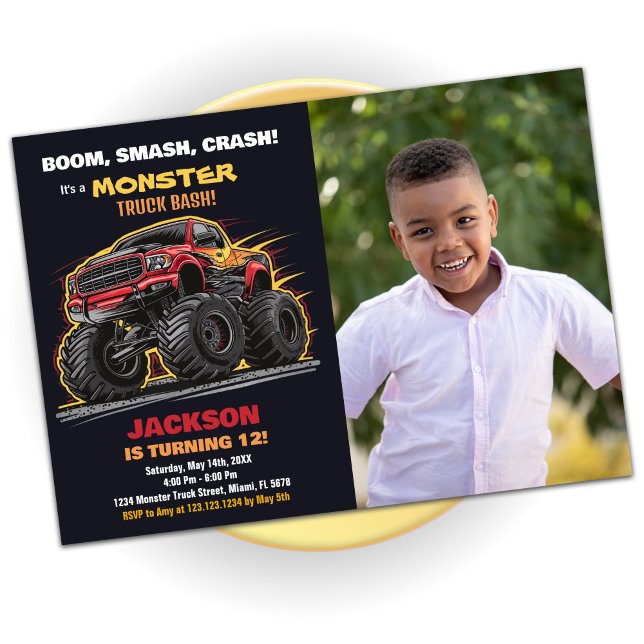 Camion Red Black Monster Invitations Anniversaire  (Red Black Monster Truck Birthday Invitations Photo)
