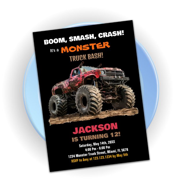 Camion Red Black Monster Invitations Anniversaire (Red Black Monster Truck Birthday Invitations
)