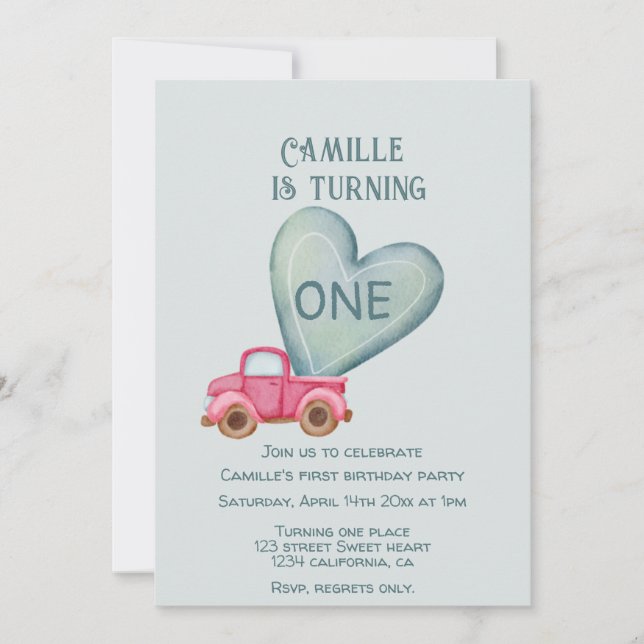 camion rose & coeur anniversaire Invitation (Devant)