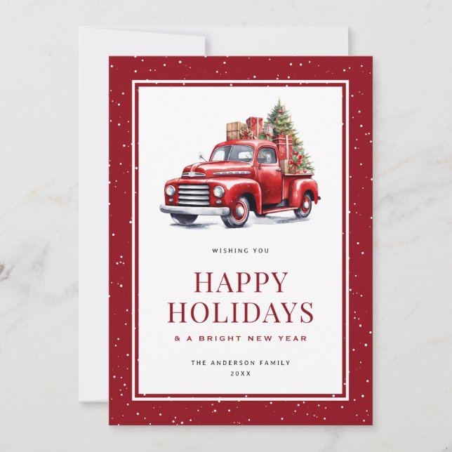 Camion Rouge Noël Arbre neige Bonne carte de vacan (Devant)