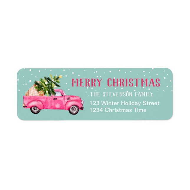Camion rouge rose vintage Noël Joyeux bleu turquoi (Devant)