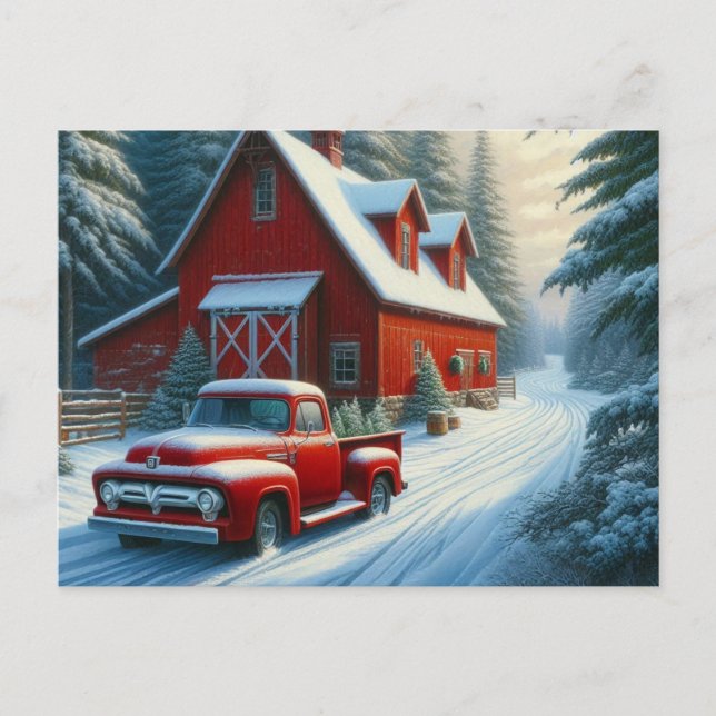 Camion rouge vintage et carte postale (Devant)