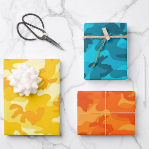 Camo Adventure Pink Yellow Blue Orange Fun Wrapping Paper Sheet