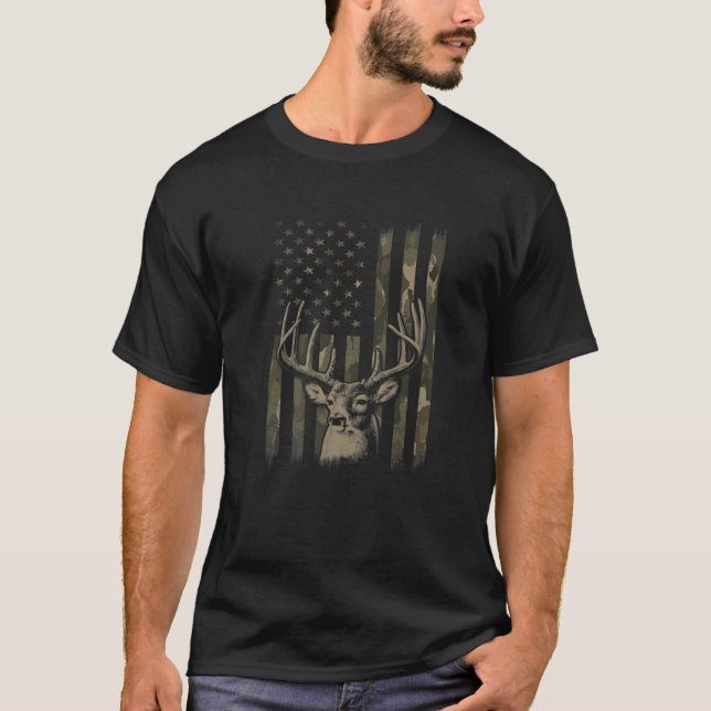 Camo American Flag Deer Elk Buck Hunting USA Hunte T-Shirt (Front)