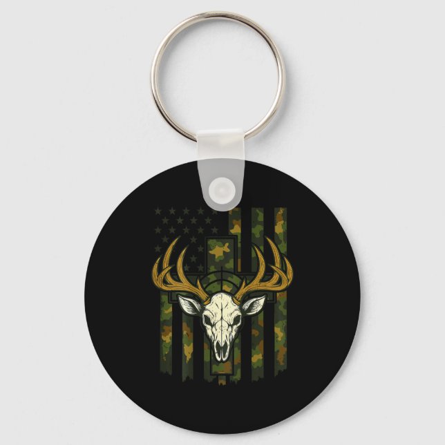 Camo American Flag Elk Skull Deer Hunting Youth Bo Keychain (Front)