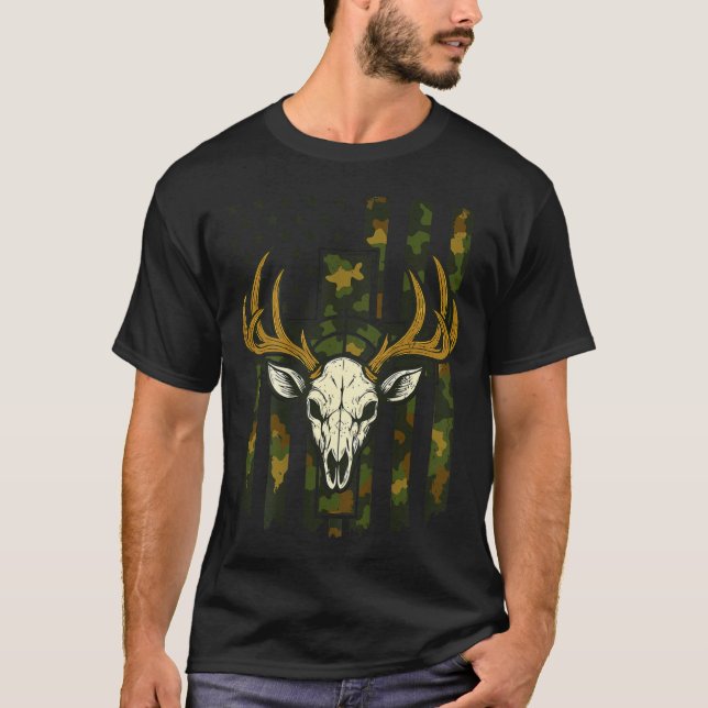 Camo American Flag Elk Skull Deer Hunting Youth Bo T-Shirt (Front)