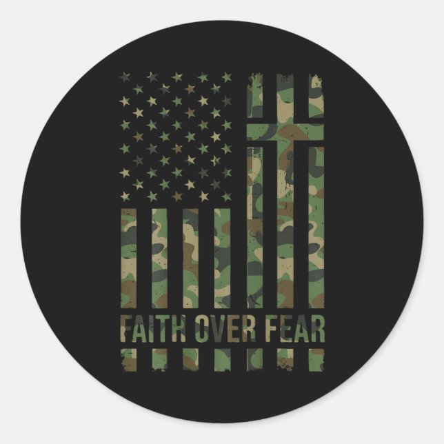 Camo American Flag Faith Over Fear Christian Patri Classic Round Sticker (Front)