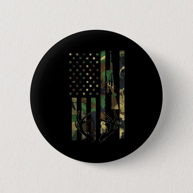Camo American Flag Rifle Antler Deer Hunting Gun H 2 Inch Round Button (Front)