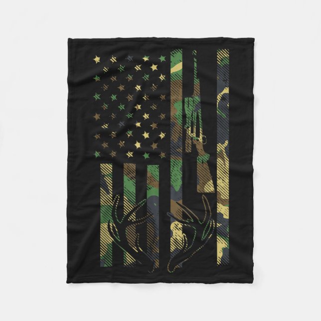 Camo American Flag Rifle Antler Deer Hunting Gun H Fleece Blanket (Front)