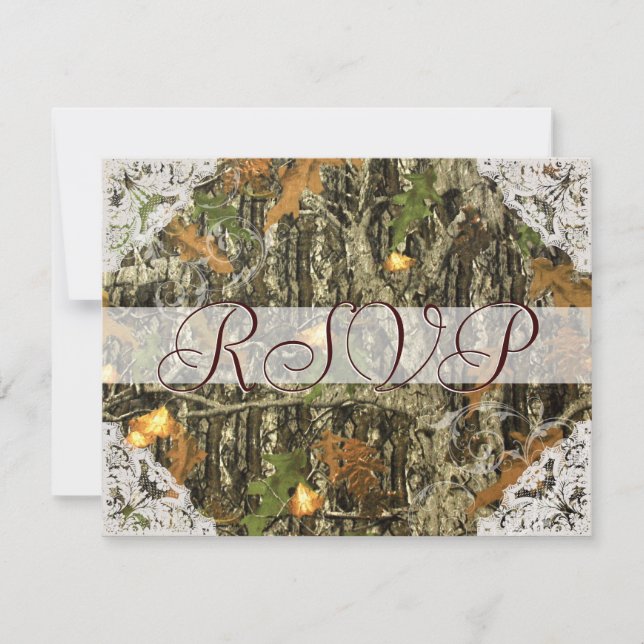 Camo and Antique White Lace Wedding RSVP Card (Front)