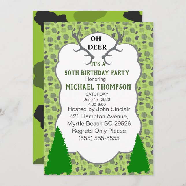 Camo and Deer Antlers 50th Birthday Party Invitation (Front/Back)