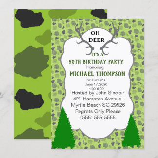 Camo and Deer Antlers 50th Birthday Party Invitation