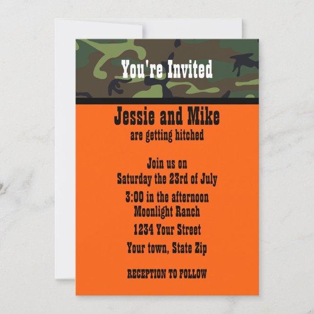 Camo and Hunter Orange Wedding Invitations (Front)