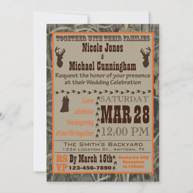 Camo and Hunting Burnt Orange Wedding Invitation (Front)
