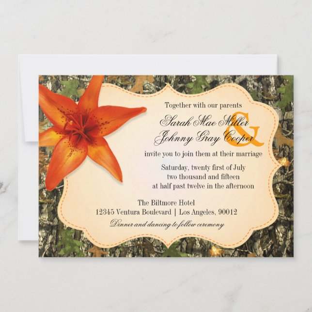 Camo and Orange Lily Wedding Invitation (Front)