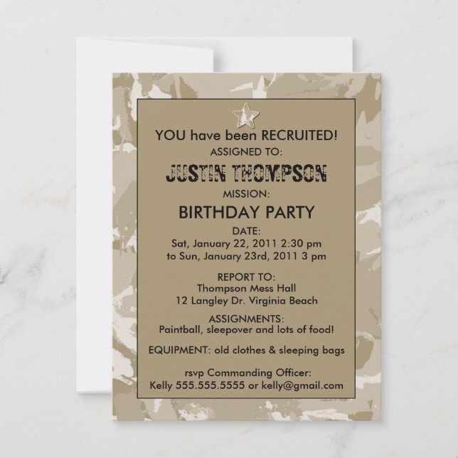 Camo Birthday Party Invititation Invitation (Front)