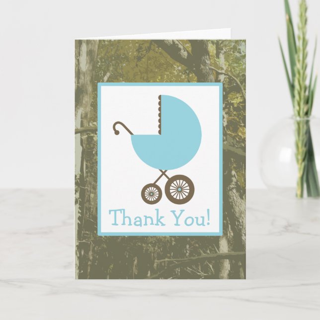 Camo & Blue Carriage Baby Shower Thank You (Front)