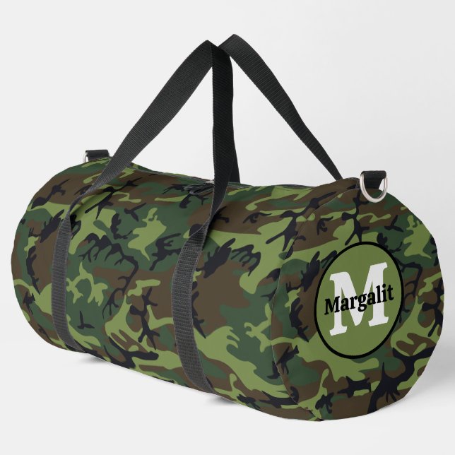 Camo Camouflage Army Monogram Large Duffel Bag (Left Corner)