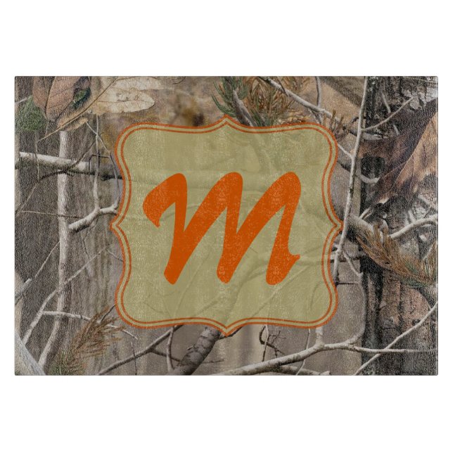Camo Camouflage Hunti Monogram Glass Cutting Board (Front)