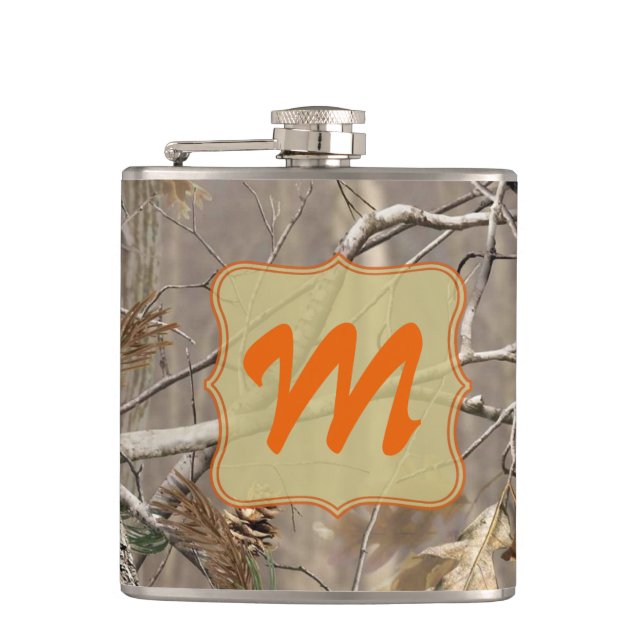 Camo Camouflage Hunting Rea Monogram Whiskey Flask (Front)