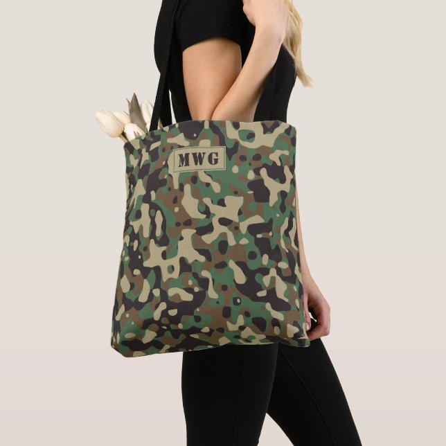 Camo camouflage pattern monogram initials tote bag (Close Up)