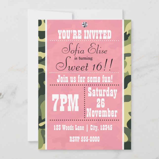 Camo Camouflage &  Pink Birthday Party Invitation (Front)