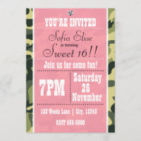 Camo Camouflage &  Pink Birthday Party Invitation