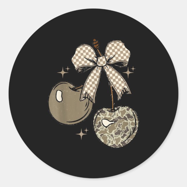 Camo Checkered Cherry Bow, Hunting,checkered Patte Classic Round Sticker (Front)