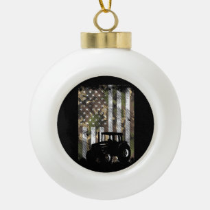 Camo Flag Tractor Vintage Farm Truck Patriotic Far Ceramic Ball Christmas Ornament