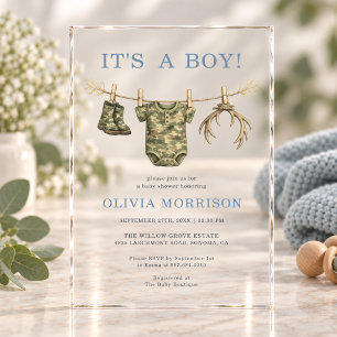 Camo Hunting It's a Boy Clothesline Baby Shower Acrylic Invitations
