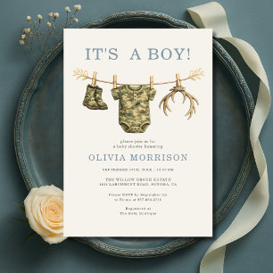 Camo Hunting It's a Boy Clothesline Baby Shower Invitation