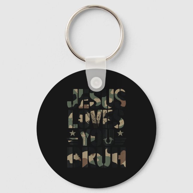 Camo Jesus Loves You Bruh Camouflage Christian Tee Keychain (Front)