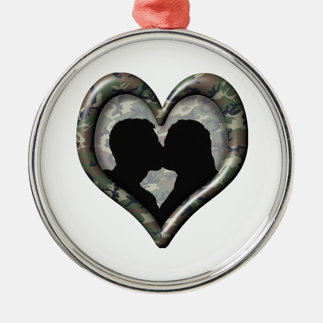 Camo Kissing Couple Heart Metal Ornament (Front)