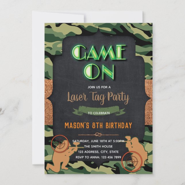 Camo Laser Tag birthday party invitation (Front)