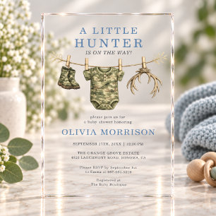 Camo Little Hunter Clothesline Boy Baby Shower Acrylic Invitations