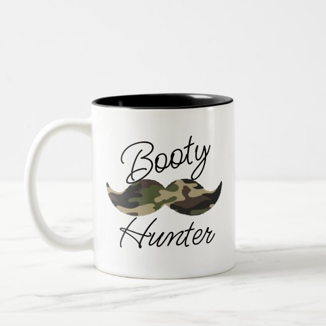 Camo Moustache Mug, Funny Booty Hunter Two-Tone Coffee Mug (Left)