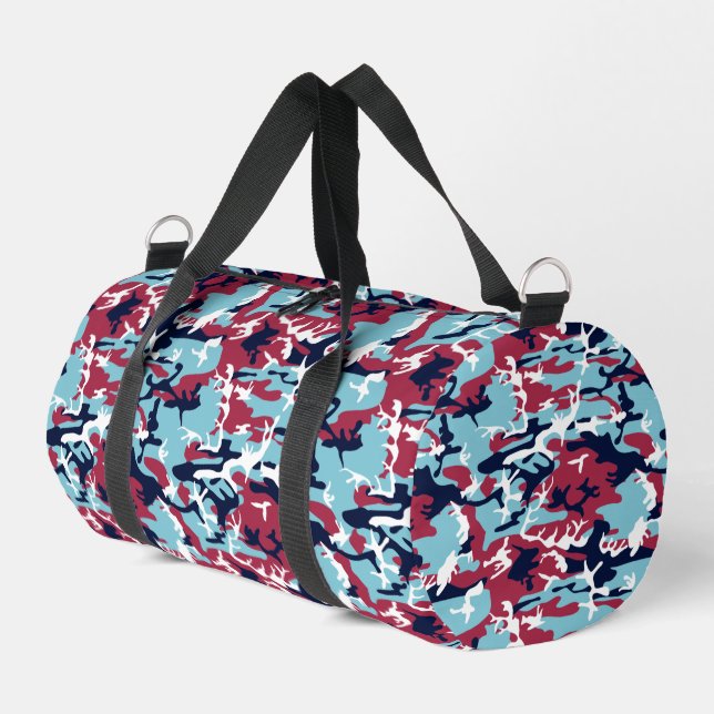 Camo Pattern - Burgundy Navy Blue White Duffle Bag (Left Corner)