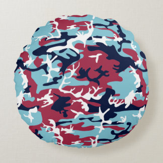 Camo Pattern - Burgundy Navy Blue White Round Pillow