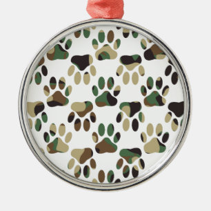 Camo Pattern Dog Paw Print Metal Ornament